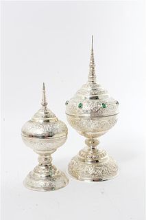A Burmese Hardstone Mounted Silvered Metal Covered Cup, , together with another, each with a fitted box.