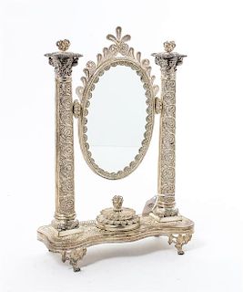 A Silvered Metal Filigree Dressing Mirror, , with a fitted wood box.