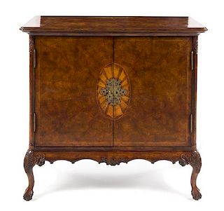 A Louis XV Style Burlwood Cabinet Height 40 1/4 x width 42 1/2 x depth 20 1/2 inches.