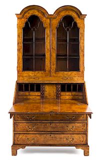 A Queen Anne Style Burlwood Secretary Desk Height 91 x width 44 x depth 23 inches.