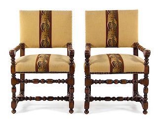 A Pair of Jacobean Rival Open Armchairs Height 39 inches overall.