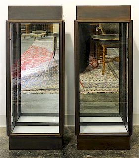 A Pair of Metal and Glass Lighted Pedestals Height 38 x width 15 x depth 8 1/2 inches.