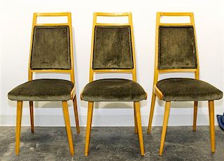A Set of Three Olive Velvet Upholstered Chairs Height 37 1/2 inches.