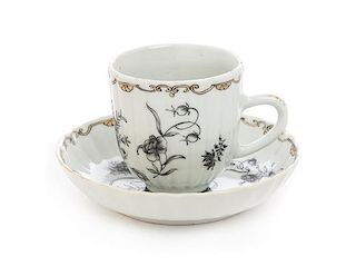 A Chinese Export Grisaille Porcelain Cup and Saucer Diameter of saucer 4 3/4 inches.