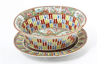 * A Chinese Export Rose Canton Porcelain Reticulated Basket and Undertray Width of bowl 10 1/2 inches.
