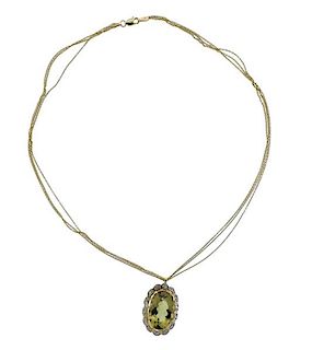 14K Gold Diamond Citrine Pendant Triple Chain Necklace