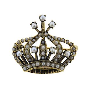 Antique 14K Gold Pearl Crown Brooch Pendant