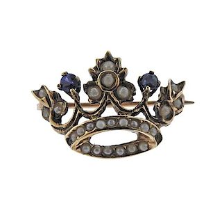 Antique 14k Gold Seed Pearl Crown Brooch 