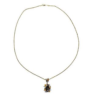 18k Gold Smokey Topaz Quartz Diamond Pendant 14k Necklace 