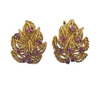Tiffany &amp; Co 18K Gold Ruby Leaf Motif Earrings
