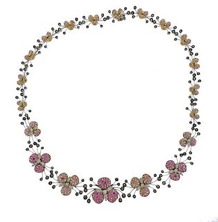 14k Gold Diamond Pink Sapphire Flower Necklace 