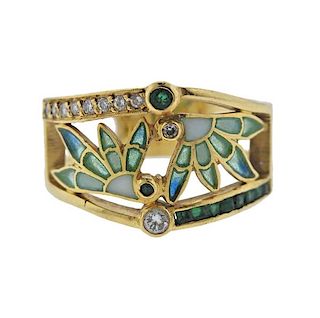 Masriera 18k Gold Diamond Emerald Enamel Ring 