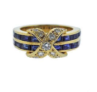 Tiffany &amp; Co 18k Gold Diamond Sapphire X Ring 