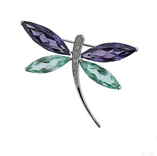 18K Gold Diamond Gemstone Dragonfly Brooch