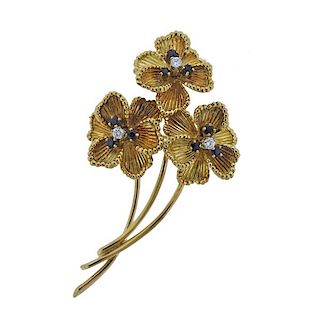 Dan Frere 18k Gold Sapphire Diamond Flower Brooch 