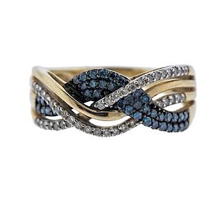 10k Gold Blue White Diamond Crossover Ring 