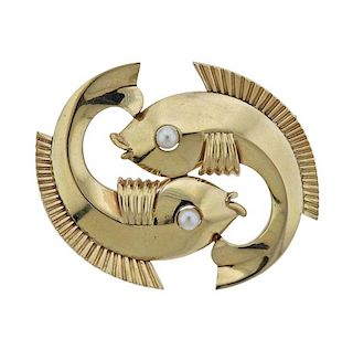 Mauboussin 14K Gold Pearl Fishes Brooch