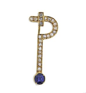 18K Gold Diamond Blue Stone Brooch Pin