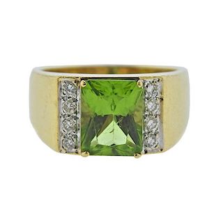18K Gold Diamond Green Stone Band Ring
