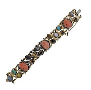Antique 14K Gold Multi Stone Pearl Cameo Slide Bracelet