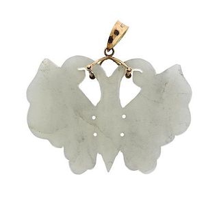 14k Gold Carved Jade Butterfly Pendant 