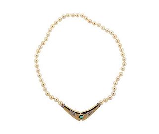 18k Gold Diamond Green Stone Pearl Necklace 