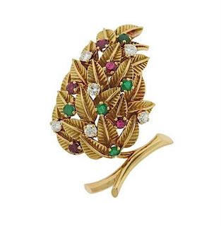 French 18K Gold Diamond Emerald Ruby Leaf Brooch