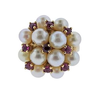 14K Gold Pearl Ruby Cluster Ring