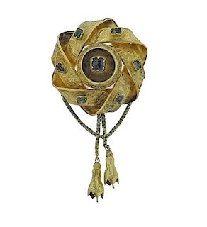 Antique Victorian Gold Green Stone Tassel Brooch Pendant