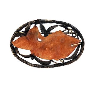 14k Gold Carved Jade Fish Brooch Pin