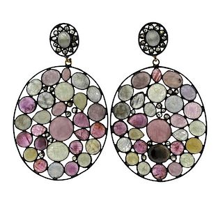 Silver Gold Diamond Multi Color Sapphire Drop Earrings