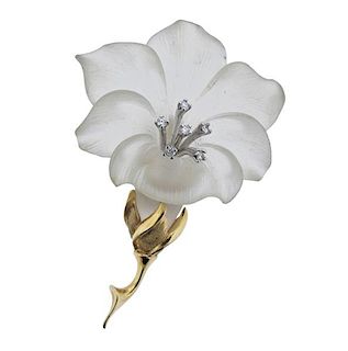 14K Gold Diamond Frosted Crystal Flower Brooch