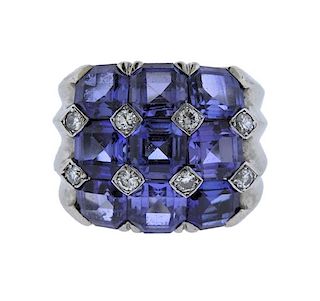 Platinum Diamond Blue Stone Wide Ring