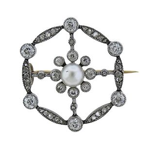 Art Deco 14k Gold Platinum Diamond Pearl Brooch