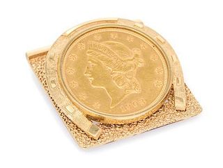 A 14 Karat Yellow Gold and US $20 Gold Liberty Coin Moneyclip, 38.90 dwts.