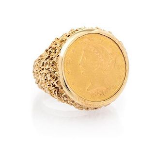 A 14 Karat Yellow Gold and US $5 Gold Coin Ring, 20.50 dwts.