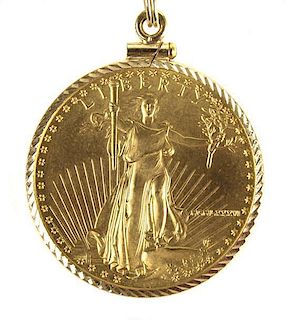 * A Yellow Gold and US $ 25 American Eagle Coin Pendant, 19.40 dwts.