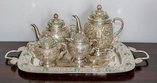 A Hardstone Mounted Silvered Metal Tea Service Height of tallest 9 1/2 inches.