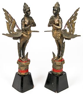 Pair of Antique Gilt Bronze Winged Kinnari Figures