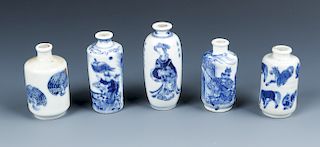 5 Antique Chinese Blue and White Porcelain Snuff Bottles