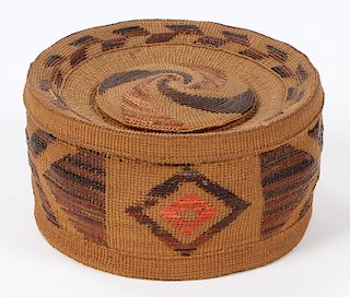 Rattle Knobbed Lidded Twined Basket, Tlingit, Alaska
