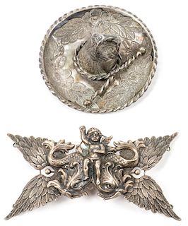 2 Items: Silver Cherub Pin and Sombrero, Mexico