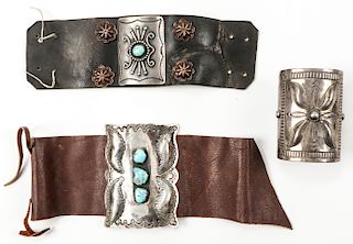 3 Silver and Leather Bracelets, One Marked R. Platero