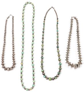 4 Necklaces of Silver and Varying Beads