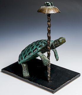 Bronze Garden Statue of a Turtle with Umbrella