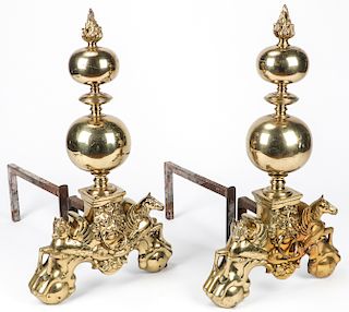Pair of Heavy Brass Fire Place Accessories, Early 20th C