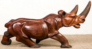 Large Carved Hardwood Rhinoceros: 54" L