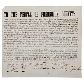 Maryland Confederate 1861 Broadside Issued by CSA General Bradley T. Johnson, To the People of Frederick County