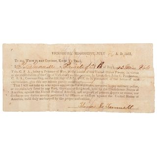 1863 Vicksburg Parole Document, Signed by CSA Private Thomas L. Tunnell, 43rd Mississippi Infantry