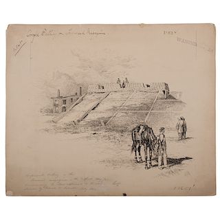 Confederate Battery on the Terraced Magazine, Gospert Navy Yard, Norfolk, Virginia, Pen and Ink Sketch by Thomas Hogan